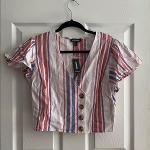 Express STRIPED ASYMMETRICAL BUTTON LINEN TOP